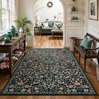 Moynesa Floral Area Rug 6x9, Washable Large Rugs for Living Room, Non Slip Boho Rugs for Dining Room Table, Botanical Ultra Thin Soft Floor Carpet for Farmhouse Office, Black