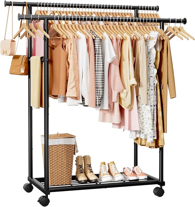Metal Clothes Rack - Double Rod Clothing Rack with Fixed Design and Rolling Wheels, Coat Rack with Built-In Shelf for Closet Organizers and Storage (38.5" x 16.9" x 59.0", Black)