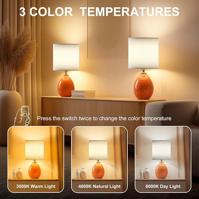 Dawnwake 18.5" Table Lamp Set of 2 for Living Room Bedroom, Bedside Lamps for Night Stands, Desk Nightstand Lamp Dimmable, Modern Linen Cream Ceramic Lamps (Orange)