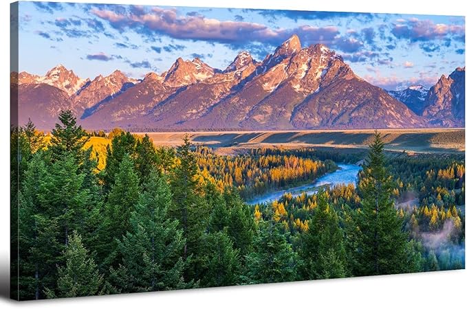 AIYISU Grand Teton Mountain Wall Art Sunset Nature National Park Posters Oxbow Bend Snake River Landscape Wall Decor Wyoming Scenery Painting Artwork for Living Room Office Home Decoration 24x48