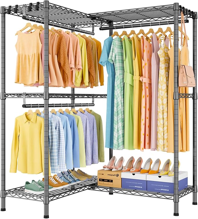 E15 Garment Rack L Shaped Clothes Rack for Corner，Freestanding Clothing Racks for Hanging Clothes，Heavy Duty Closet Organizer with 4 Hanging Rods & 8 S Hooks，43.4" W x 15.8" D x 78.4" H，Grey
