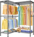 E15 Garment Rack L Shaped Clothes Rack for Corner，Freestanding Clothing Racks for Hanging Clothes，Heavy Duty Closet Organizer with 4 Hanging Rods & 8 S Hooks，43.4" W x 15.8" D x 78.4" H，Grey