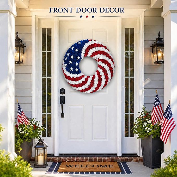 1 Pcs 18 Inch Patriotic Wreath for Front Door 4th of July Wreath Red White Blue Rose Front Door Decor Independence Memorial Artificial Rose Wreaths for 250th Anniversary Porch Wall Indoor Outdoor