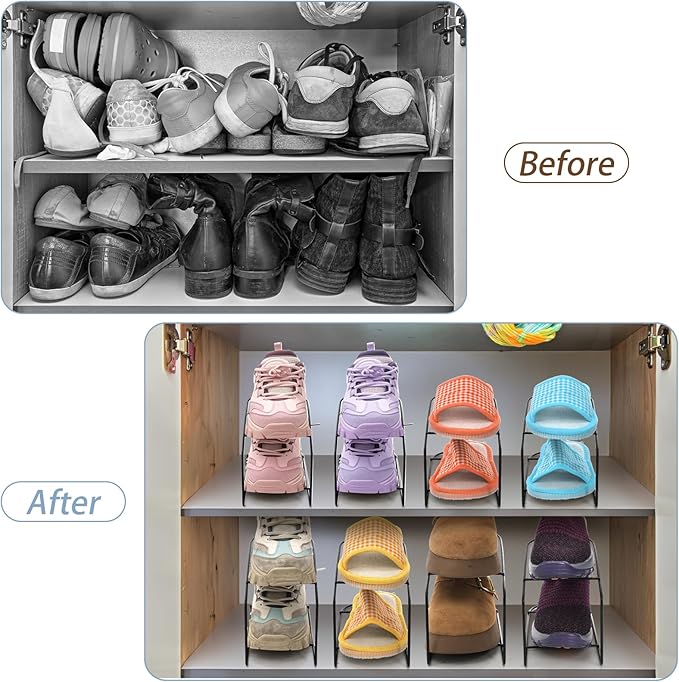 10 Pack Large Shoe Slots Organizer, Metal Shoes Storage Stacker, Double-Layer Shoe Holder, Thickening Shoes Rack, Display Shelf Space Saving 50% for Closet Cabinet Organization(Black)