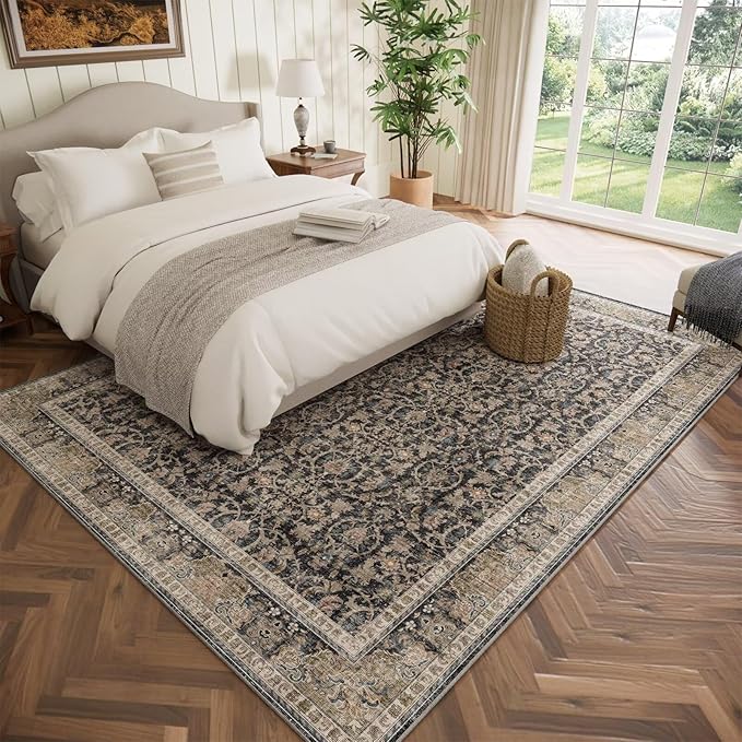 Washable 5x7 Area Rugs for Living Room, Boho Non-Slip Vintage Distress Rugs for Bedroom Dining Room Nursery Office, 0.3" Neutral Oriental Throw Thin Carpet with Cushioning Pad, Black/Brown/Blue/Multi