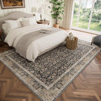 Washable 5x7 Area Rugs for Living Room, Boho Non-Slip Vintage Distress Rugs for Bedroom Dining Room Nursery Office, 0.3" Neutral Oriental Throw Thin Carpet with Cushioning Pad, Black/Brown/Blue/Multi