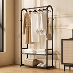 Sturdy metal clothes rack,Black freestanding clothing rack with bottom shelves and 6 side hooks,garment rack for hanging clothes,Wardrobe rack for Bedroom or cloakrooms