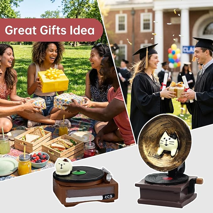 RAQWI Cat Vintage Phonograph and Record Player Figurine Suitble for Office, Home Decoration Perfect for Cat Lovers