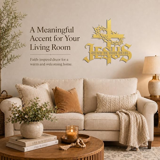 Jesus Wall Art Cross Wall Decor with Crown of Thorns - Metal Christian Wall Art "The Way The Truth The Life" Sign, Gold Iron Religious Wall Art & Christian Wall Decor for Home Living Room Church-Gold