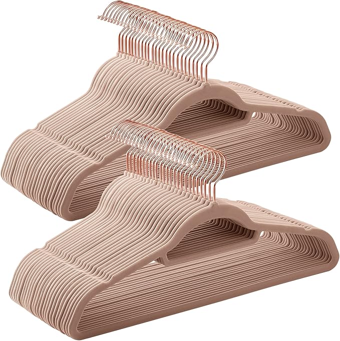SONGMICS Velvet Hangers, Set of 50 Clothes Hanger with Rose Gold Swivel Hook, Non-Slip, and Space-Saving, 0.2-Inch Thick, 17.1-Inch Long for Coat, Shirt, Dress, Pants, Tie, Caramel Brown UCRF021LB50