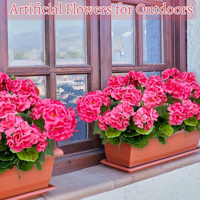 Artificial Geraniums Flowers for Outdoors Spring Decor, 4 Bundles UV Resistant Fake Geraniums Flowers Silk Faux Plants for Home Planter Gardens Table Patio Porch Indoor Cemetery Summer Decor(Pink)