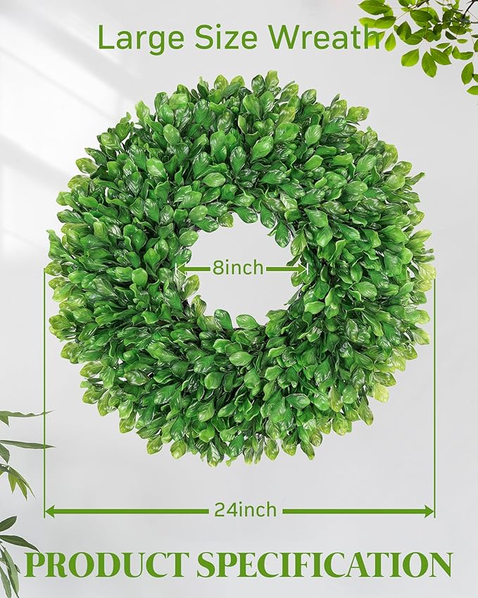 Vlorart 24 Inch Faux Round Boxwood Wreath, Weatherproof Front Door Large Wreaths Artificial Spring Summer Greenery Wreath with Sash for Farmhouse Wedding Year Round Indoor and Outdoor