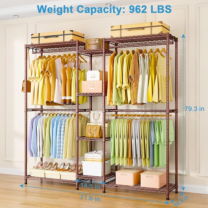 Ulif E4 Clothes Rack, Heavy-Duty Garment Rack, Metal Freestanding Clothing Organization Storage System Can Be L-Shaped with Shelves and Hangers, Max Load 962lbs, 71.6" W x 14.5" D x 79.3" H, Bronze