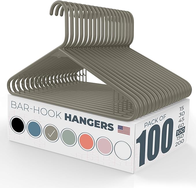 Neaties Plastic Hangers 100 Pack – Made in The USA – 6lb Capacity Standard Clothes Hangers with Strap Hooks for Dresses, Lingerie, Shirts, Pants, and Jackets – Gray