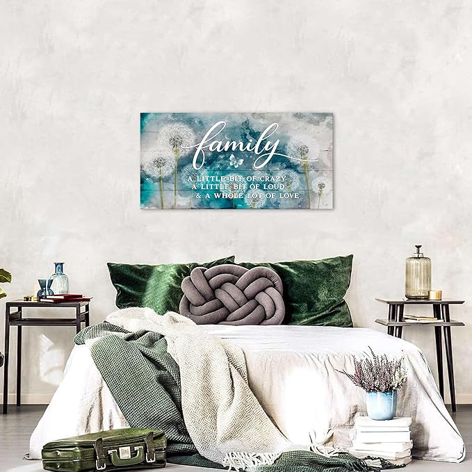 Family Wall Decor Teal Kitchen Wall Art Farmhouse Inspirational Quotes Canvas Prints A Little Bit of Crazy Loud Love Large Dandelion Family Signs for Home Decor Wall Living Dining Room Bedroom 20x40"