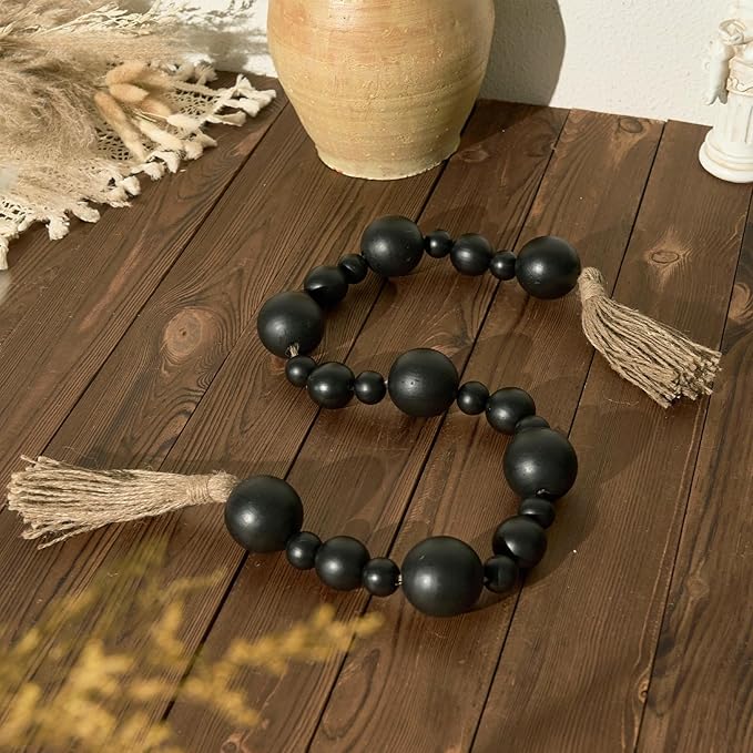 2" Extra Large Wood Bead Garland with Tassels, 44" Long Rustic Farmhouse Wooden Beads Garland, Decorative Beads Boho Decorations for Home Table Mantle Black