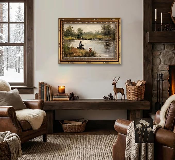 Vintage Gold Framed Wall Art Boy Fishing Country Oil Painting Canvas Prints Peaceful Lake Landscape with Dog Picture Rustic Farmhouse Poster Artwork for Nursery Living Room Bedroom, 16x24in