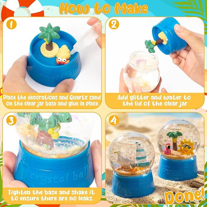 Summer Snow Globes Craft Kit - 8 Set DIY Plastic Snow Globe Craft with Mini Resin Coconut Trees, Make Your Own Party Favor Decor with Glitter for Classroom Activity Gift (Beach)