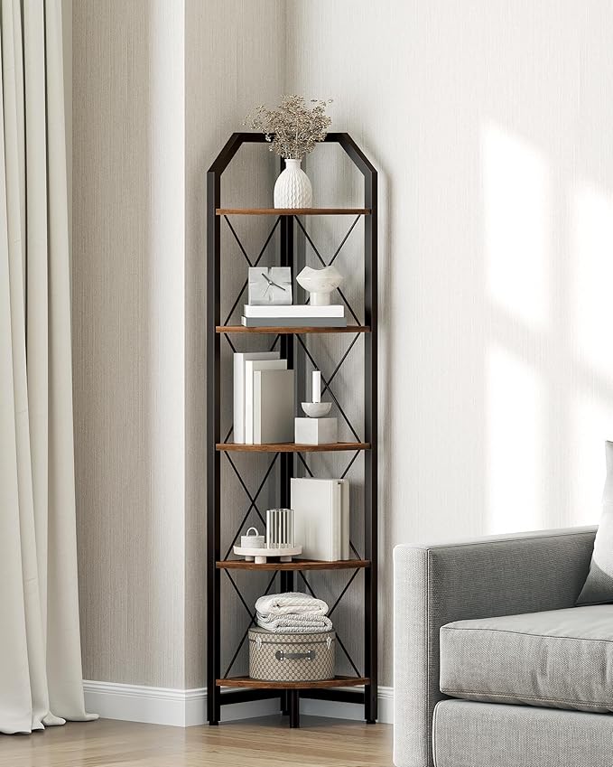 CHOEZON 59.4" Corner Shelf, 5-Tier Industrial Corner Bookshelf, Corner Storage Stand, Plant Stand Display Shelf, Bookcase for Bedroom, Living Room, Home Office, Rustic Brown and Black TCJ10BF