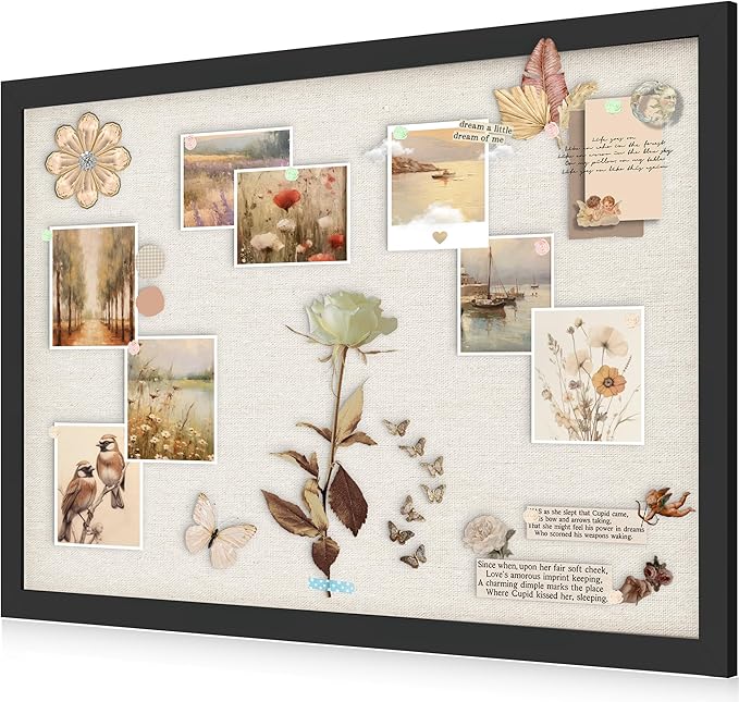 AKTOP Cork Board Bulletin Board with Linen 20" X 30", Large Framed Corkboard for Wall, Hanging Pin Board Picture Board for Home Office Decor, Cute Vision Board with Pushpins (Vintage Black)