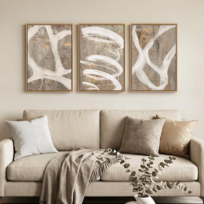 Framed Neutral Abstract Wall Art for Bedroom, 3 Piece Modern Canvas Prints Paintings Artwork for Walls, Minimalist Beige White Taupe Pictures for Living Room Dining Hallway Office Wall Decor 16x24 In