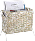 BTSKY Handwoven Magazine Holder, Natural Seagrass Magazine Basket with Metal Rack, Mail Holder Floor Organizer for Office, Living Room, Dorm, Bathroom, Woven Rattan File Basket with Handle (White)