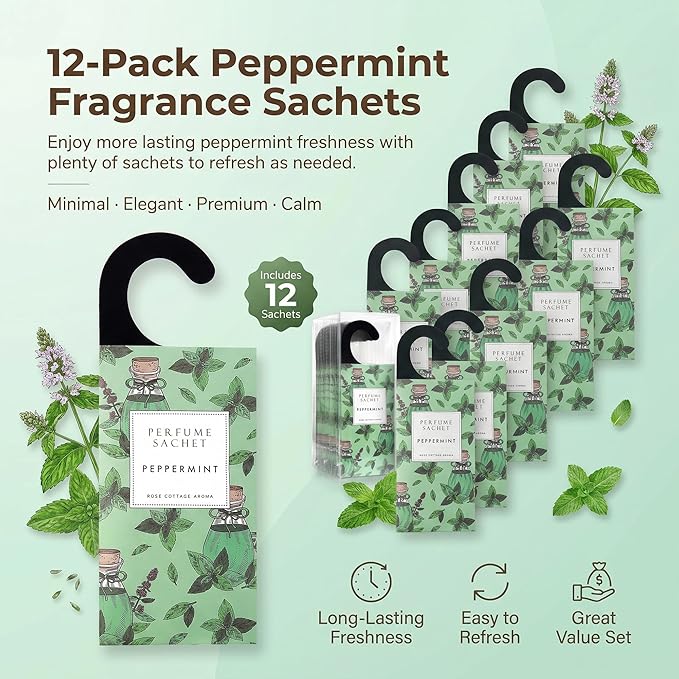 ROSE COTTAGE Large 12 Packs Peppermint Hanging Closet Deodorizer Air Freshener Long Lasting Scented Sachets Smell Goods for House