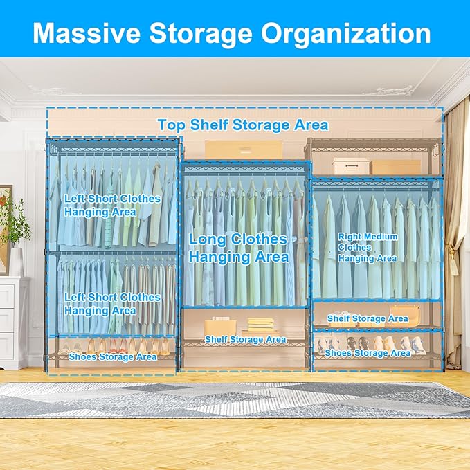 Ulif E13 Max Heavy Duty Clothes Rack（With 4 Hanger Rods & 8 Shelves） Freestanding Clothing Racks for Hanging Clothes，Adjustable Closet，Metal Garment Rack 86" W x16 D x77 H，Max Load 1100LBS，Black