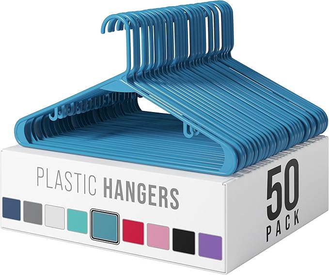 Plastic Hangers 50 Pack Blue - Clothes Hangers - Makes The Perfect Coat Hanger and General Space Saving Clothes Hangers for Closet - Percheros Ganchos para Colgar Ropa Hangars