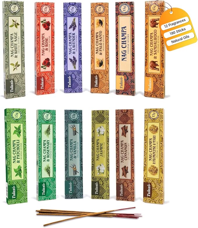 Tulasi Nag Champa Incense Sticks Assorted/Variety Pack – 180 Hand Rolled Sticks, 12 Natural Scents | Sandalwood, Lavender, Vanilla, White Sage | Meditation & Yoga Aromatherapy