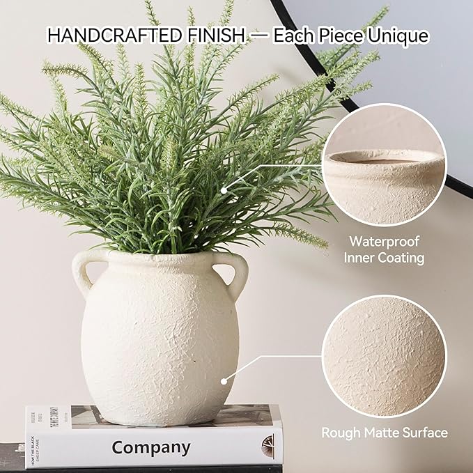 Ceramic Flower Small Vase 6 inch Farmhouse Rustic Vase Decorative Pottery Terracotta Vases for Home Decor Table Mantle Fireplace Living Room Bathroom Wedding Centerpiece
