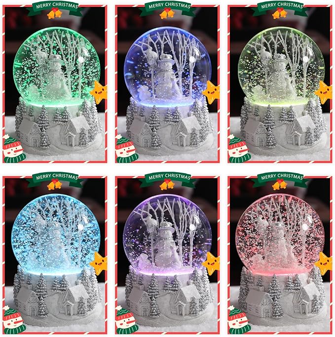 Christmas Snow Globe Musical Snowman Country Village Silver Xmas Tree White Water Snow Globes LED Light Change Music Box Home Christmas Decor for Kids Snowman Snow Globes