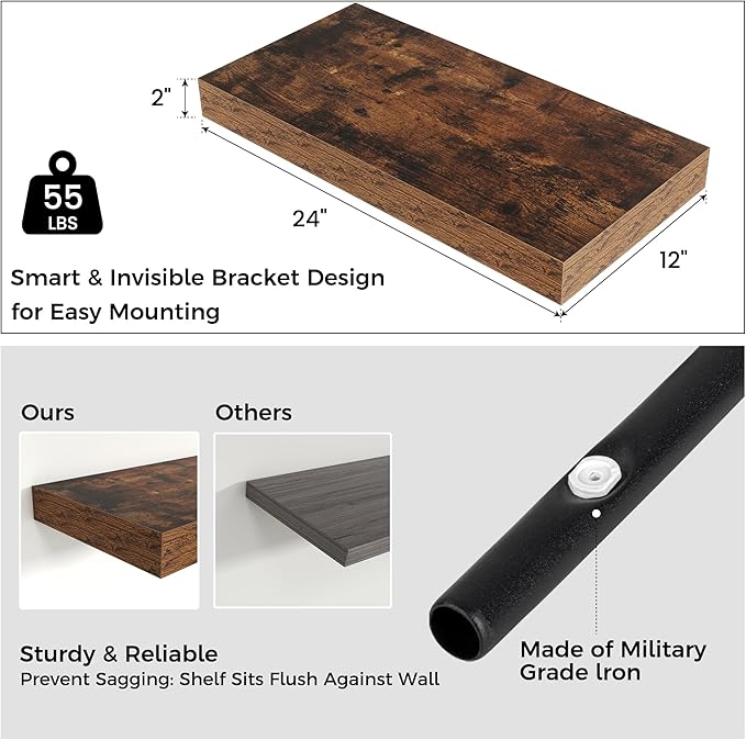 Venusmiles Floating Shelves for Wall, 24 Inch Wide x 12 Inch Deep Floating Shelves, Long Wood Floating Wall Shelf Shelves for Living Room Bathroom Bedroom Kitchen Home - (Brown, 24" W x 12" D x 2" H)