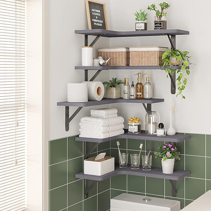 Fixwal Corner Floating Shelves Set of 5, Rustic Wood Wall Mounted Corner Shelf for Bathroom, Kitchen, Bedroom, Home Decor, Laundry Room, Living Room(Gray)