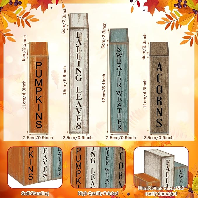 Lineshading 4 Pcs Fall Decoration Wooden Book Autumn Table Decoration Pumpkin Falling Leaves Acorns Tiered Tray Decor Wood Book Sign Farmhouse for Autumn Home Shelf Coffee Table