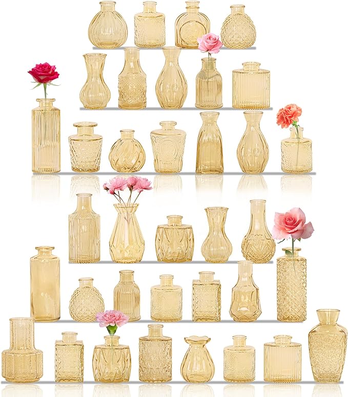 36Pcs Bud Vases Set Small Vintage Glass Bottles Bud Vases in Bulk Multiple Shape Cute Glass Vases for Rustic Wedding Centerpieces Table Decorations and Home Decor (Champagne)