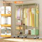 Ulif F4R Heavy Duty Clothes Rack(With Lockable Wheels )Rolling Clothing Racks for Hanging Clothes，Adjustable Closet Organizer System，Portable Garment Rack 45"W x 15.8"D x 73.5"H，Max Load 650LBS,Gold