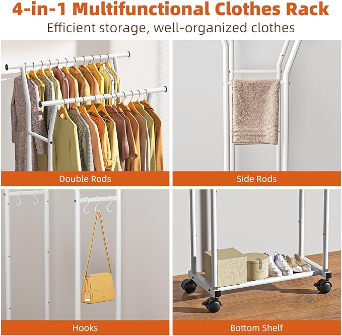 Luxspire Double Rods Clothes Rack for Hanging Clothes, Rolling Clothing Rack with Side Hooks, Bottom Shelves, 360° Wheels, Garment Racks for Bedroom, Laundry, Living Room, White