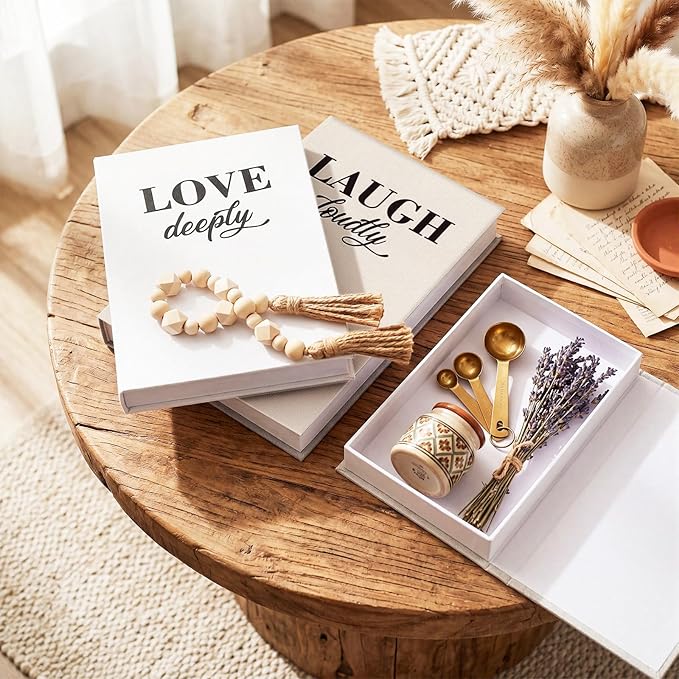 Thyle Linen Covered Fake Decorative Books with Wooden Beaded Tassel Faux Neutral Home Decor Coffee Table Books Decoration for Rustic Farmhouse Modern Living Room Bedroom Office Bookshelf Decor