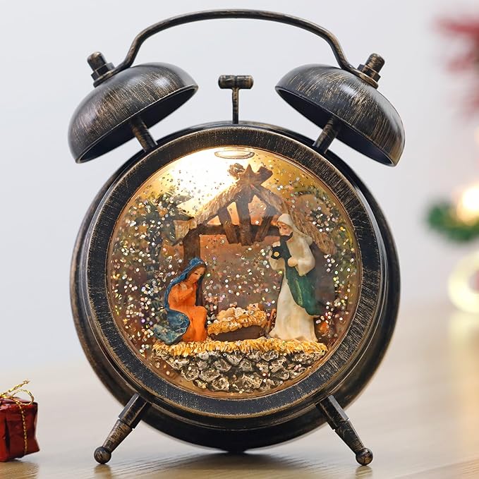 Kikth Red/Bronze Retro Plastic Lighted Musical Snow Globe, Alarm Clock Snow Globe 6H Timer, USB/Battery Operated Christmas Decorations Indoor (Nativity)
