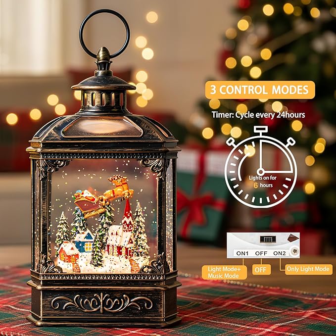 Christmas Snow Globe Swirling Glittering Lantern Santa Flying with Reindeer, USB Lined/Battery Operated Lighted Water Lantern for Christmas Festival Decoration Gifts