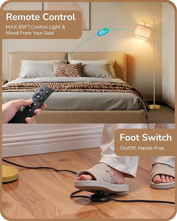 EDISHINE 64.7IN Modern Floor Lamps for Living Room, Dimmable Arc Floor Lamp with Remote, 5CCT & Foot Pedal Switch, Minimalist for Bedroom, Bulb Included, Gold