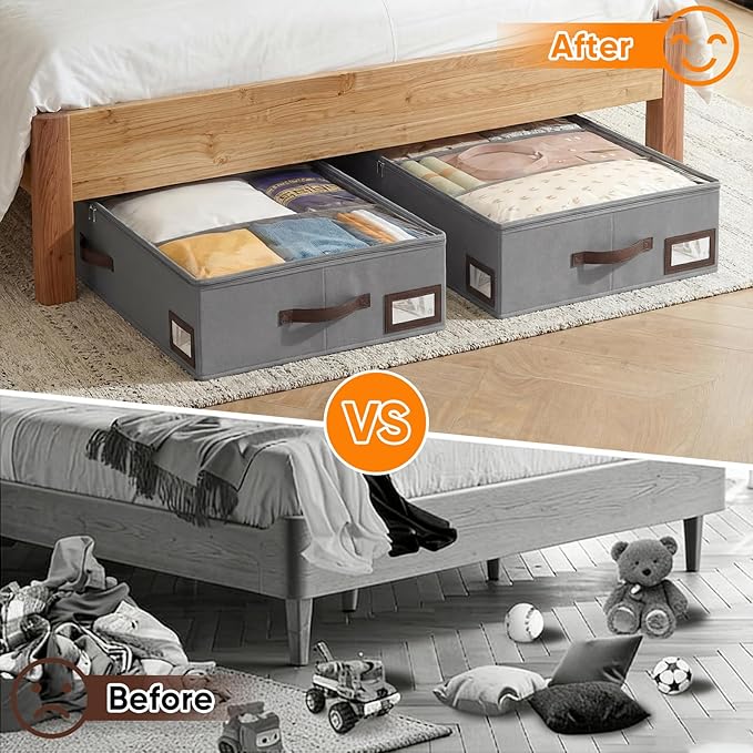 OIAHOMY 2 Pack Under Bed Storage, 6 Inch High Under Bed Storage Containers with Adjustable Dividers, Dual Zippers, &Clear Lid, 53L Under Bed Drawers For Clothes, Blankets, Clothing, & Shoes, Grey
