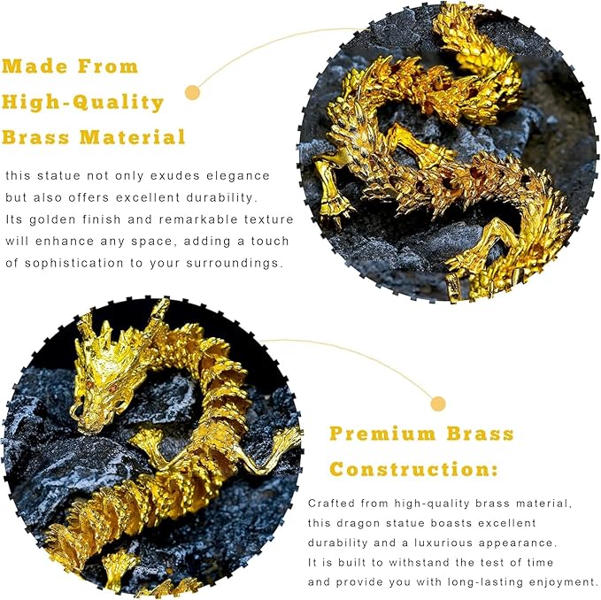 LIYAOLI 5 Pcs 3D Golden Dragon Decor, 9inch Chinese Dragon Sculpture, Hand-Polished Metallic Finish Art Piece, Zen Office Desk Decor, Premium Collectible Display