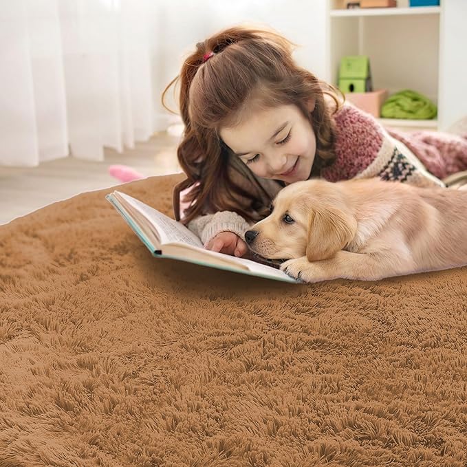 OLANLY Khaki Round Rugs for Bedroom - Machine Washable, 9 ft Circle Area Rugs for Living Room, Soft and Fluffy Shaggy Carpet for Teen Girl and Boys, Nursery Rooms, Dorms, Home Decor Aesthetic