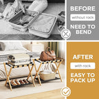 Fully Assembled Luggage Racks Pack of 2, Bamboo Natural Foldable Luggage Rack for Guest Room, Suitcase Stand with Fabric Storage Shelf for Hotel, 5 Nylon Straps, 26.77" W x 16.93" D x 22.5" H