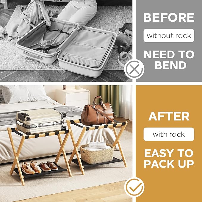 Fully Assembled Luggage Racks Pack of 2, Bamboo Natural Foldable Luggage Rack for Guest Room, Suitcase Stand with Fabric Storage Shelf for Hotel, 5 Nylon Straps, 26.77" W x 16.93" D x 22.5" H