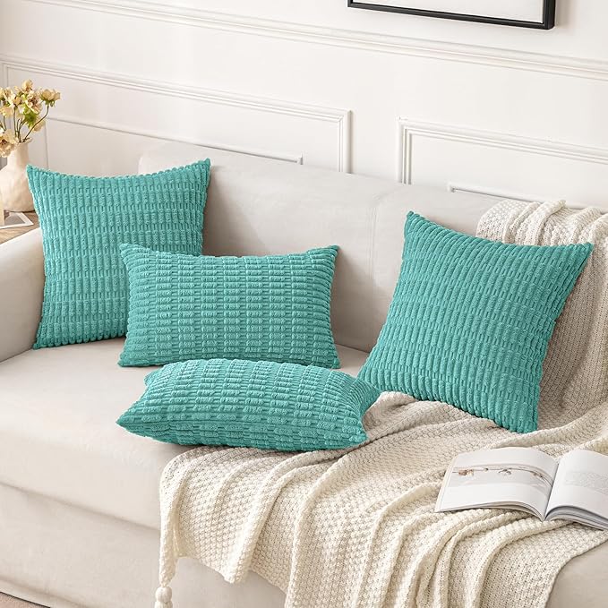 MIULEE Pack of 2 Corduroy Decorative Throw Pillow Covers 20x20 Inch Soft Boho Striped Pillow Covers Modern Farmhouse Home Decor for Summer Sofa Living Room Couch Bed Aqua Green