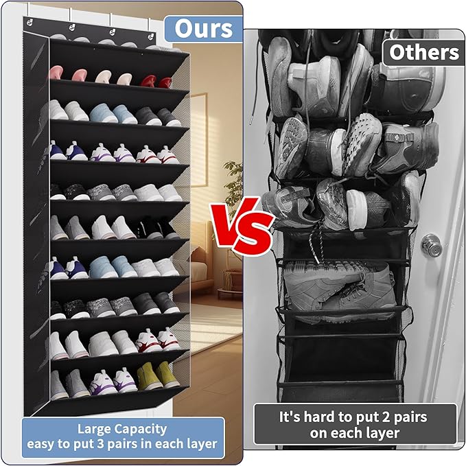 10-Tier Large Size Over The Door Shoe Organizer, Holds 30 Pairs Hanging Shoe Rack with Deep Pockets for Closet, Space-Saving Storage for Sneakers, Boots (Black)