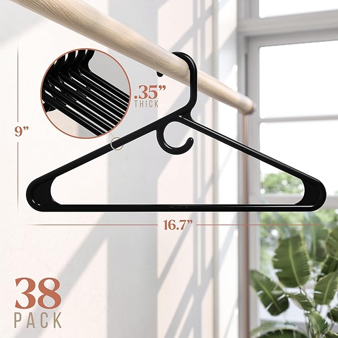 NEATERIZE Thick Heavy Duty Hangers - Black Plastic Clothes Hangers 38 Pack - Great for Coat Hanger, Jackets Jeans & Suit Hanger for Closet - New Apartment Essentials Percheros Ganchos para Colgar Ropa